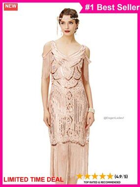 1920s Vintage Sequin Beaded Flapper Dress Fringe V-Neck Party